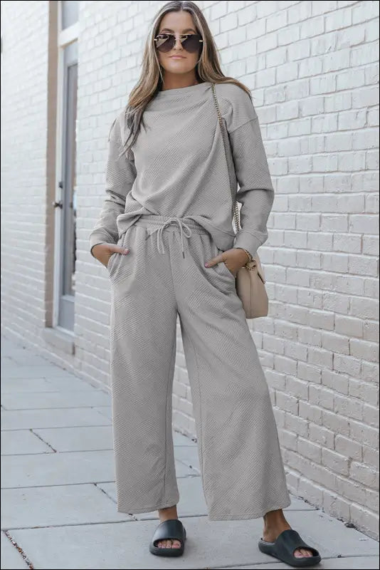 Double Take Full Size Textured Long Sleeve Top and Drawstring Pants Set - Light Gray / S