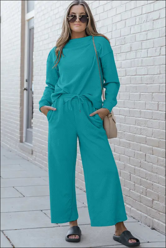 Double Take Full Size Textured Long Sleeve Top and Drawstring Pants Set - Cerulean / S
