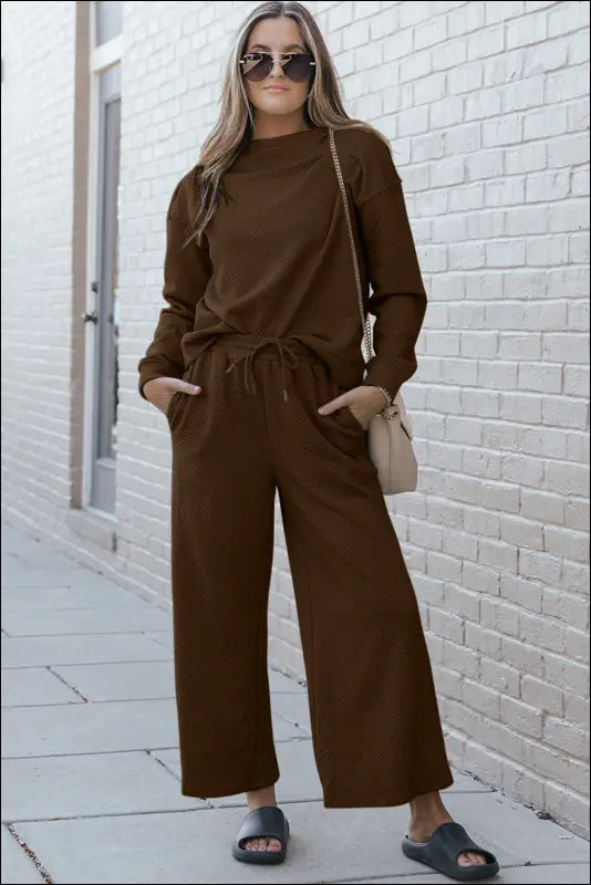 Double Take Full Size Textured Long Sleeve Top and Drawstring Pants Set - Brown / S