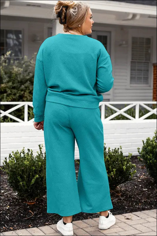Double Take Full Size Textured Long Sleeve Top and Drawstring Pants Set