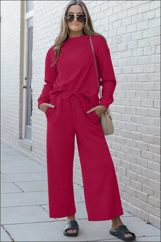 Double Take Full Size Textured Long Sleeve Top and Drawstring Pants Set - Hot Pink / S