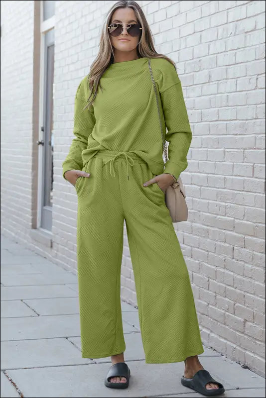 Double Take Full Size Textured Long Sleeve Top and Drawstring Pants Set - Yellow-Green / S