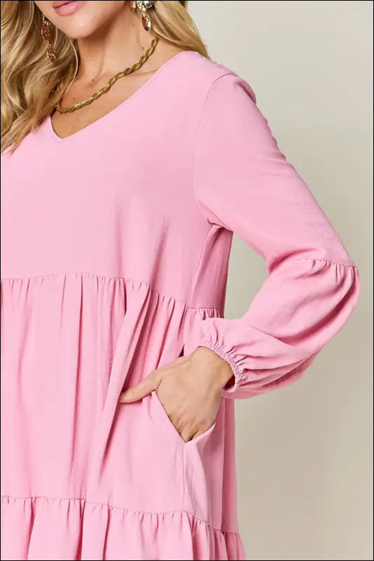 Double Take Full Size V-Neck Balloon Sleeve Tiered Dress with Pockets
