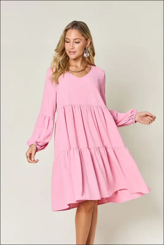 Double Take Full Size V-Neck Balloon Sleeve Tiered Dress with Pockets