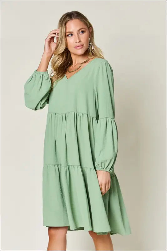 Double Take Full Size V-Neck Balloon Sleeve Tiered Dress with Pockets