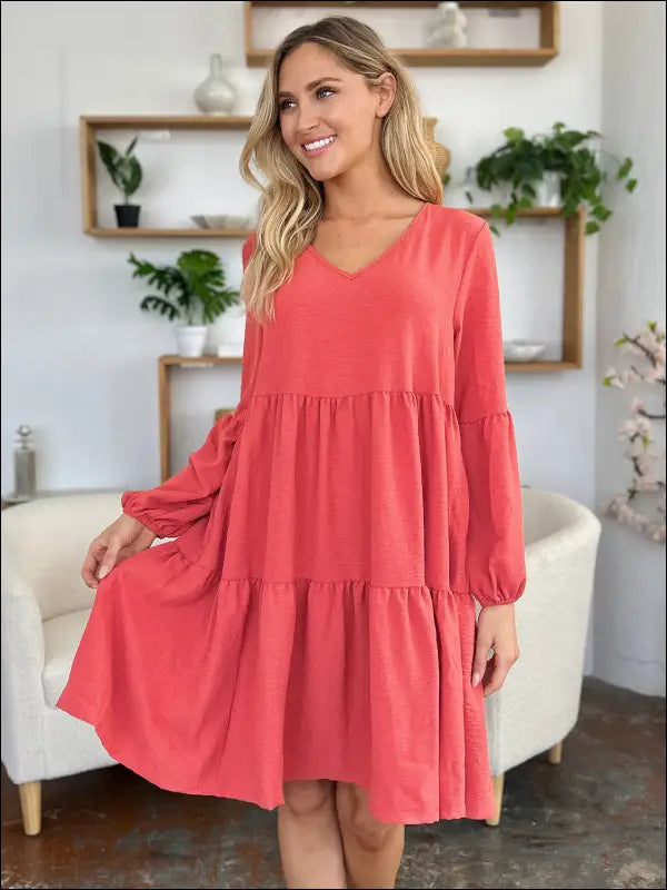 Double Take Full Size V-Neck Balloon Sleeve Tiered Dress with Pockets