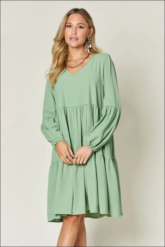 Double Take Full Size V-Neck Balloon Sleeve Tiered Dress with Pockets