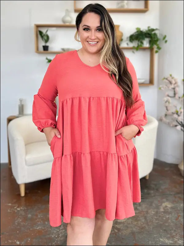 Double Take Full Size V-Neck Balloon Sleeve Tiered Dress with Pockets - Coral / S