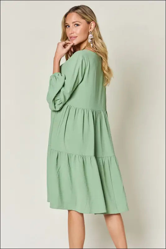 Double Take Full Size V-Neck Balloon Sleeve Tiered Dress with Pockets