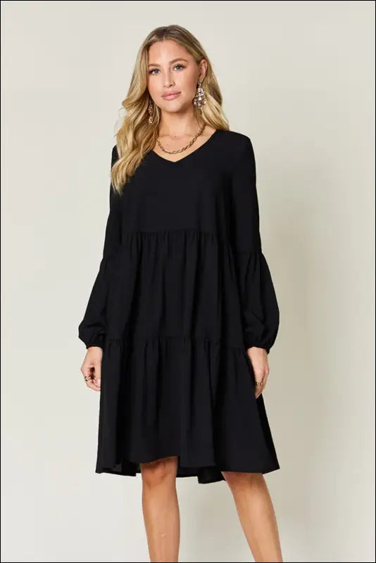 Double Take Full Size V-Neck Balloon Sleeve Tiered Dress with Pockets - Black / S