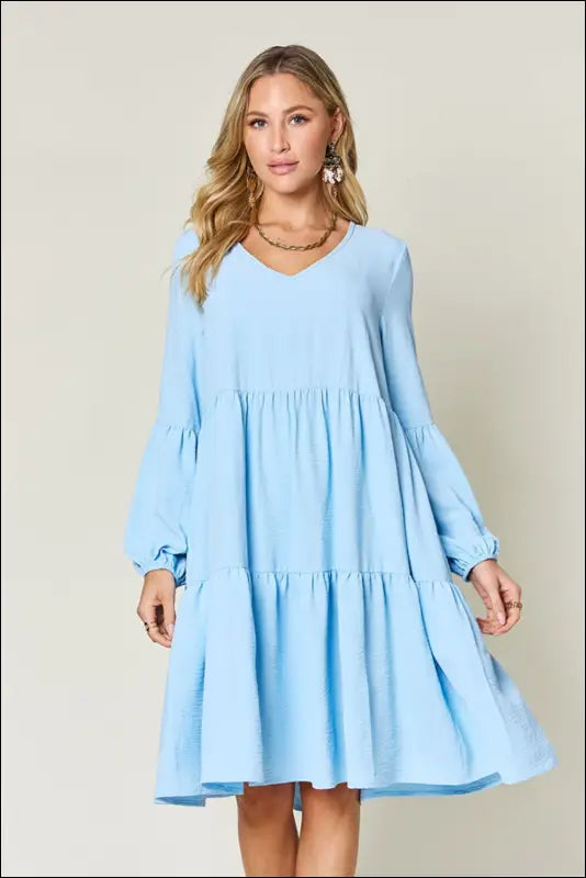 Double Take Full Size V-Neck Balloon Sleeve Tiered Dress with Pockets - Light Blue / S