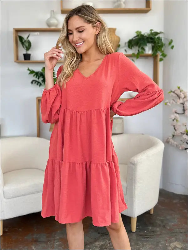 Double Take Full Size V-Neck Balloon Sleeve Tiered Dress with Pockets