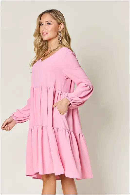 Double Take Full Size V-Neck Balloon Sleeve Tiered Dress with Pockets