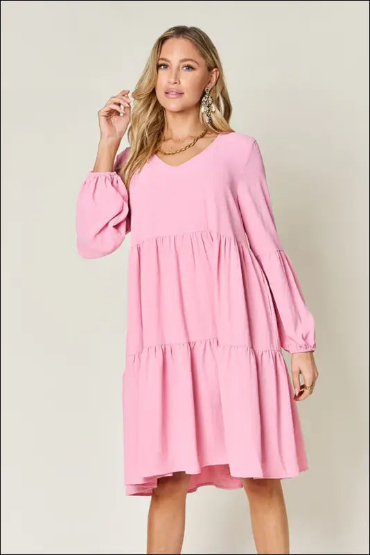 Double Take Full Size V-Neck Balloon Sleeve Tiered Dress with Pockets - Pink / S