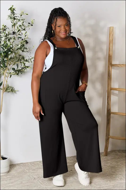 Double Take Full Size Wide Strap Overall with Pockets - Black / S