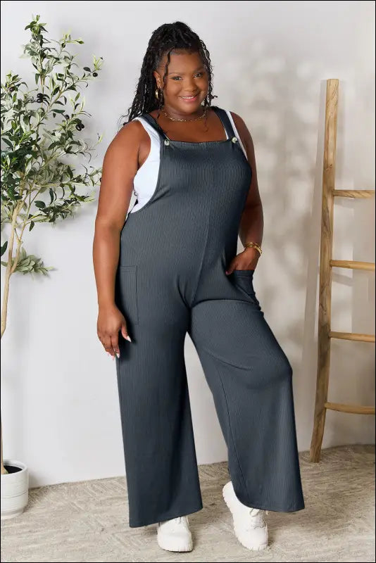 Double Take Full Size Wide Strap Overall with Pockets - Cloudy Blue / S