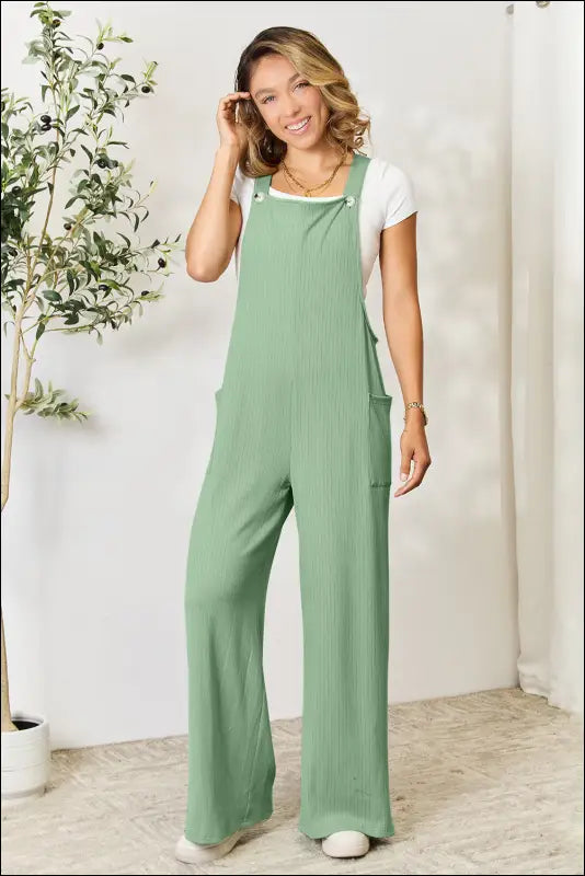 Double Take Full Size Wide Strap Overall with Pockets - Gum Leaf / S