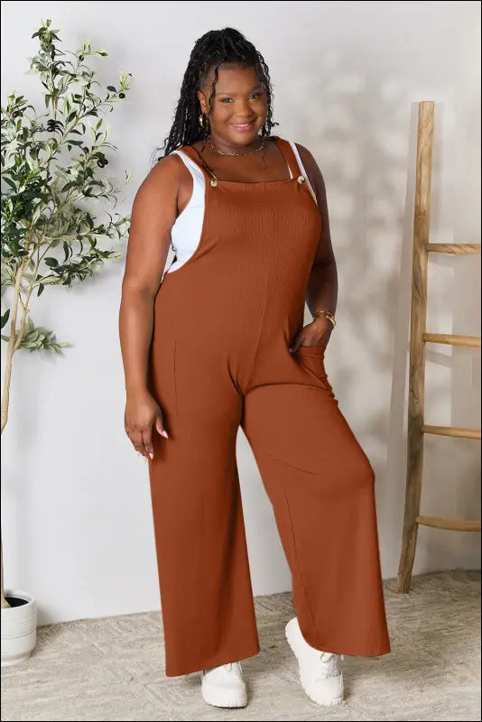 Double Take Full Size Wide Strap Overall with Pockets - Ochre / S