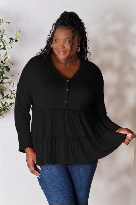 Double Take Half Button Long Sleeve Ruffle Hem Blouse - Black / S