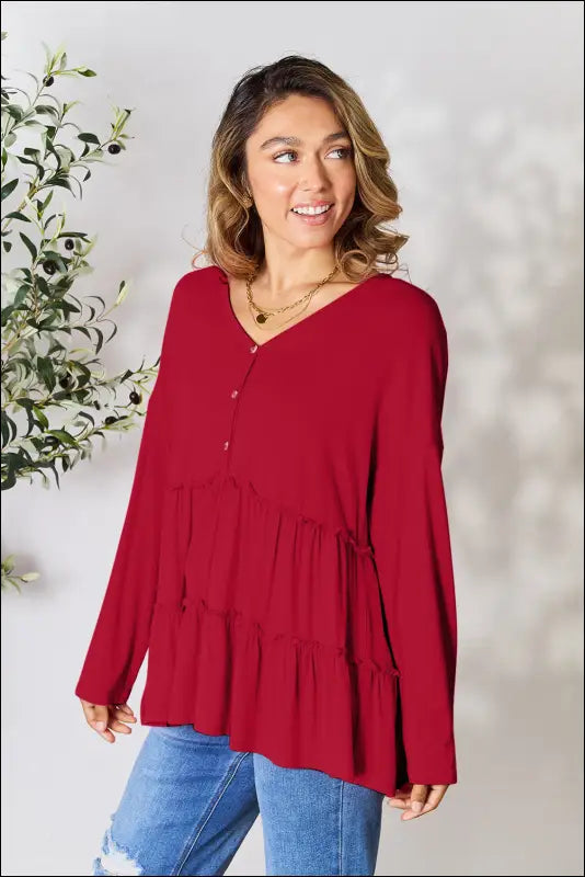 Double Take Half Button Long Sleeve Ruffle Hem Blouse - Burgundy / S