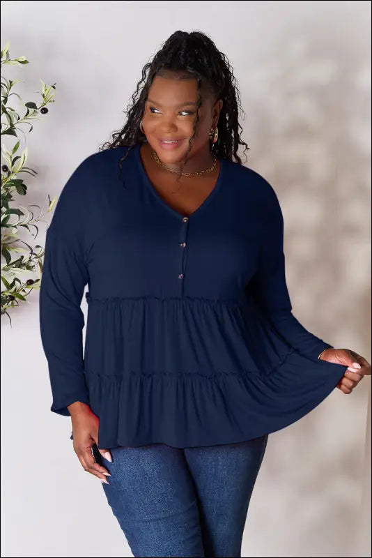 Double Take Half Button Long Sleeve Ruffle Hem Blouse - Dark Blue / S
