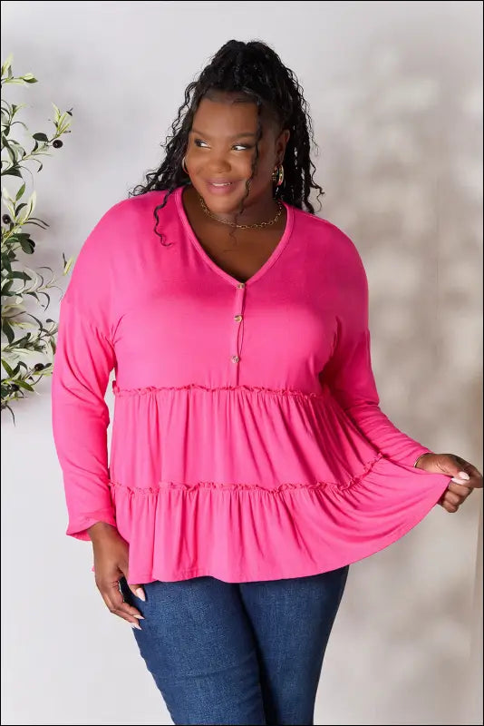 Double Take Half Button Long Sleeve Ruffle Hem Blouse - Hot Pink / S