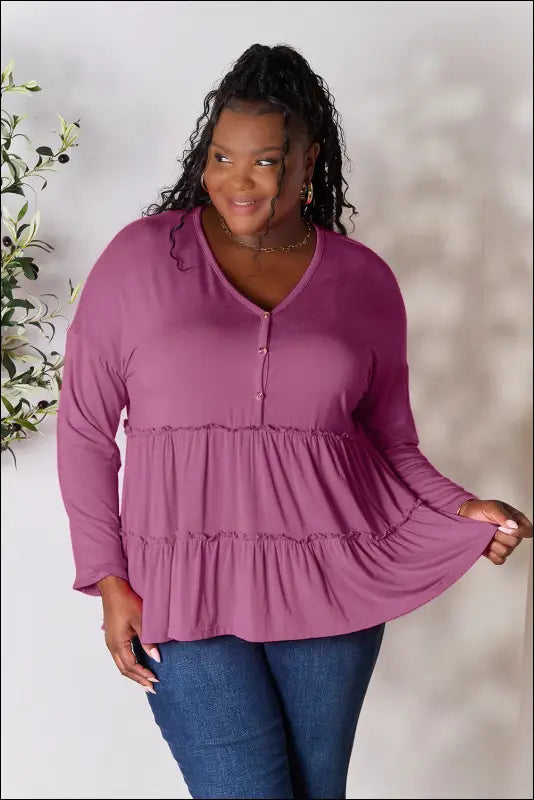 Double Take Half Button Long Sleeve Ruffle Hem Blouse - Lilac / S
