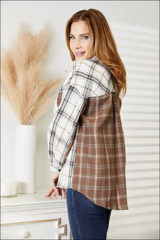 Double Take Plaid Contrast Button Up Shirt Jacket