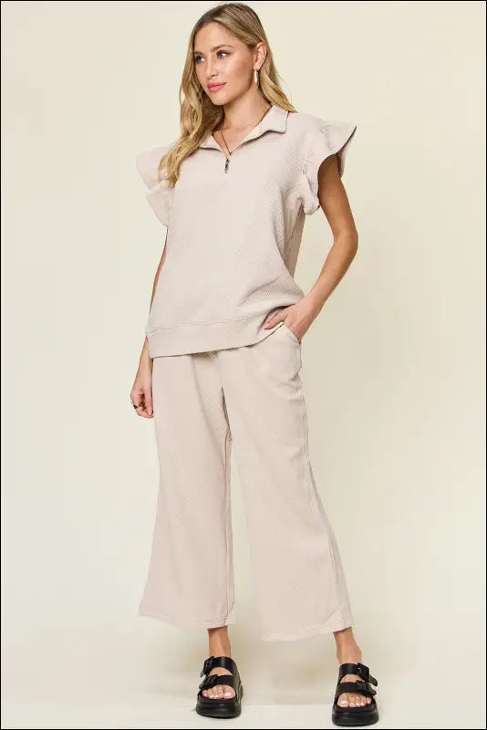 Double Take Texture Ruffle Short Sleeve Top and Drawstring Wide Leg Pants Set - Dust Storm / S