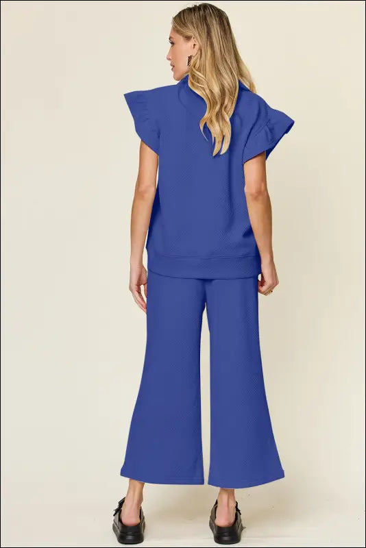 Double Take Texture Ruffle Short Sleeve Top and Drawstring Wide Leg Pants Set - Deep Teal / S