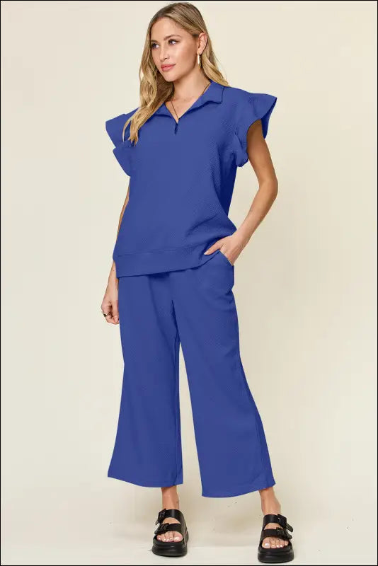 Double Take Texture Ruffle Short Sleeve Top and Drawstring Wide Leg Pants Set - Royal Blue / S