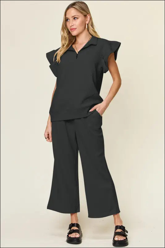 Double Take Texture Ruffle Short Sleeve Top and Drawstring Wide Leg Pants Set - Black / S