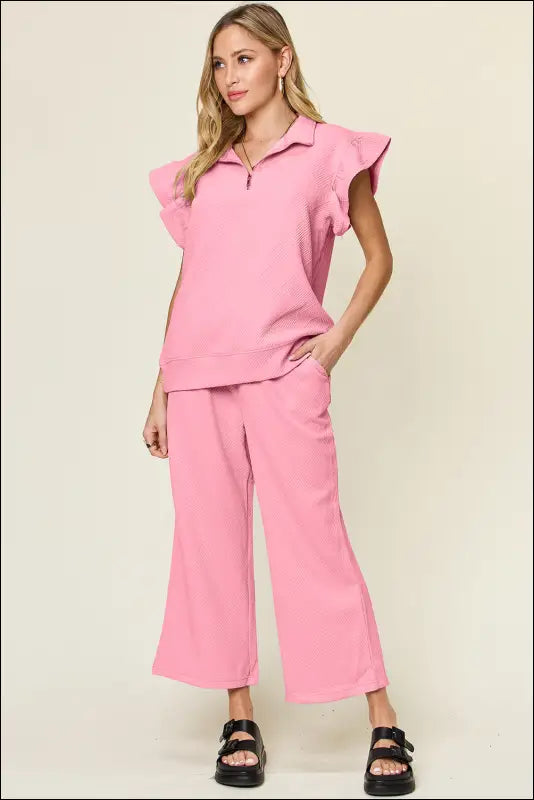 Double Take Texture Ruffle Short Sleeve Top and Drawstring Wide Leg Pants Set - Pink / S