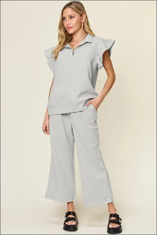 Double Take Texture Ruffle Short Sleeve Top and Drawstring Wide Leg Pants Set - Light Gray / S