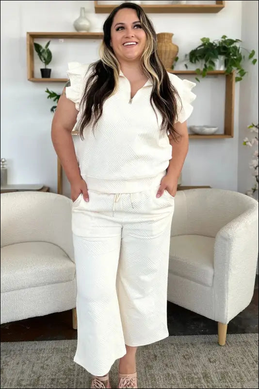 Double Take Texture Ruffle Short Sleeve Top and Drawstring Wide Leg Pants Set