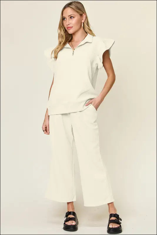 Double Take Texture Ruffle Short Sleeve Top and Drawstring Wide Leg Pants Set - Cream / S