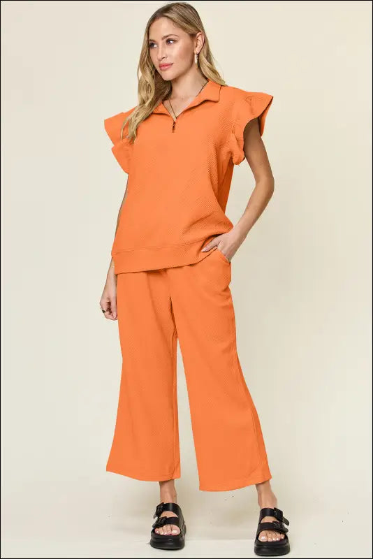 Double Take Texture Ruffle Short Sleeve Top and Drawstring Wide Leg Pants Set - Tangerine / S