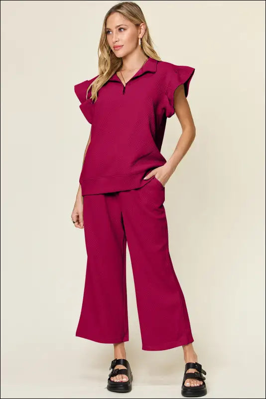 Double Take Texture Ruffle Short Sleeve Top and Drawstring Wide Leg Pants Set - Deep Rose / S