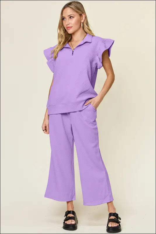 Double Take Texture Ruffle Short Sleeve Top and Drawstring Wide Leg Pants Set - Lavender / S