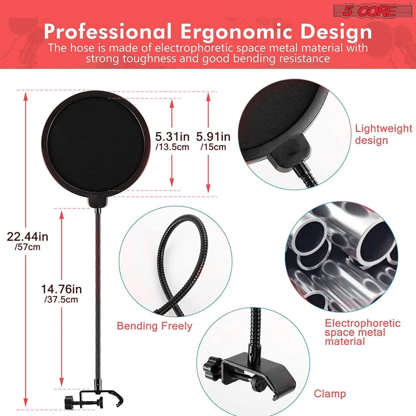5Core Microphone Arm Stand Desk Suspension Boom Scissor Desktop Mic Holder w Pop Filter
