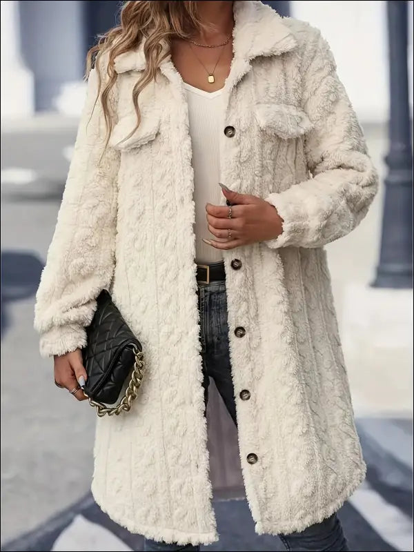 Fuzzy Button Up Long Sleeve Longline Coat - Cream / S