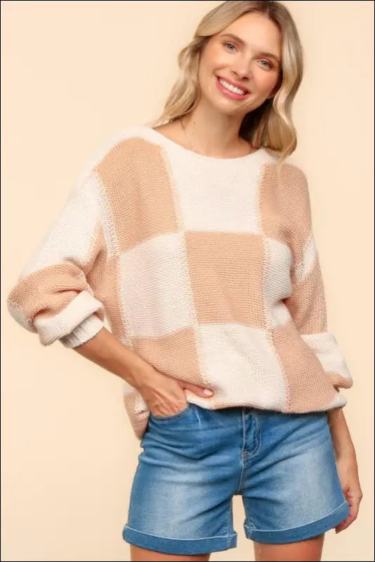 Haptics Full Size Checkered Round Neck Drop Shoulder Sweater