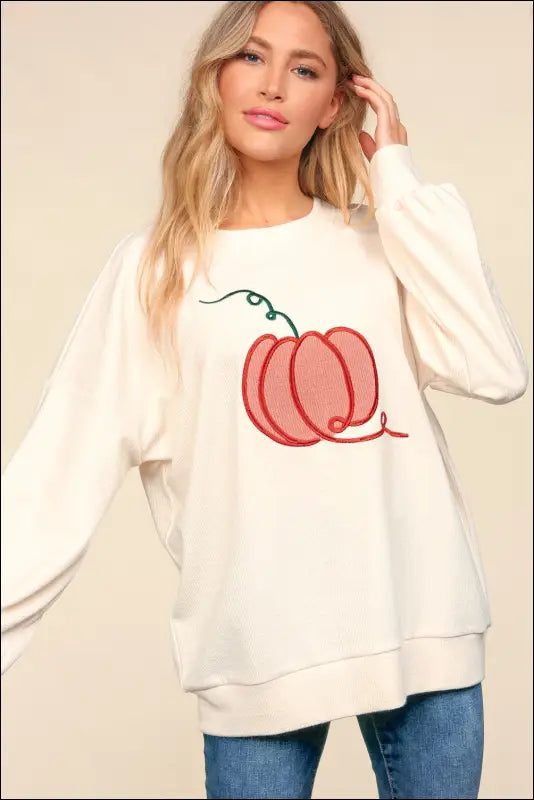 Haptics Full Size Embroidery Pumpkin Long Sleeve Knit Top