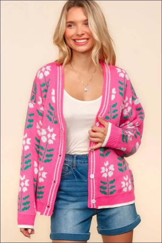 Haptics Full Size Floral Jacquard V-Neck Button Up Cardigan