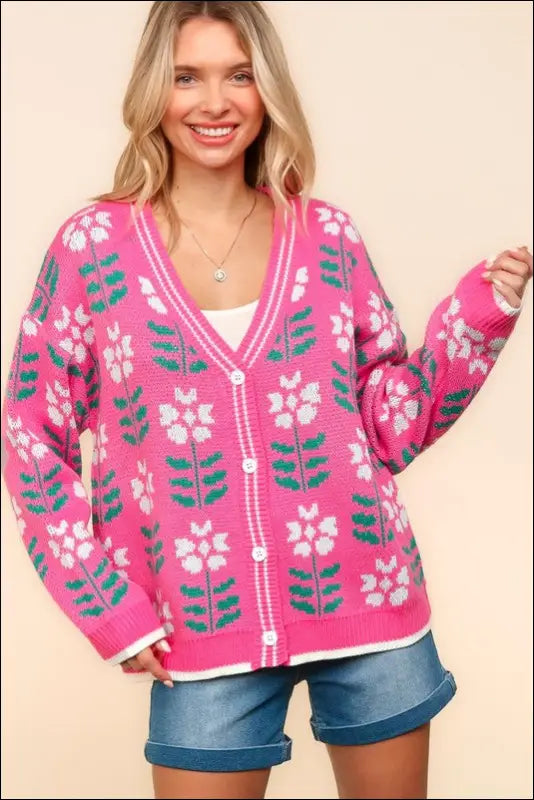 Haptics Full Size Floral Jacquard V-Neck Button Up Cardigan - Hot Pink / S