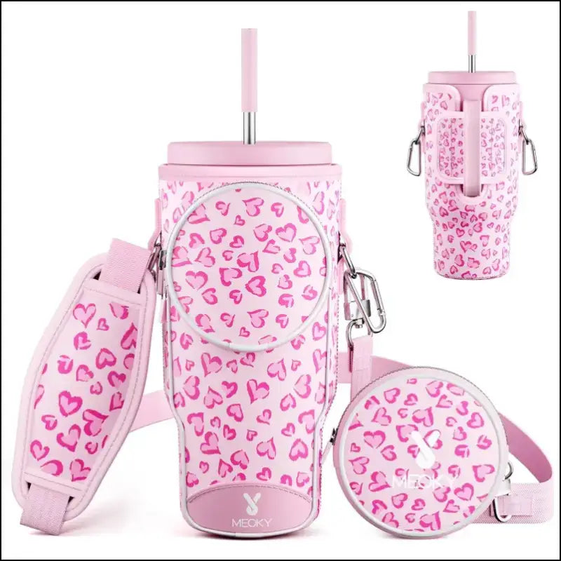 Meoky Pink Love Cup Sleeve | Reusable Portable Water Bottle Carrier for 40oz Large Capacity Cups | Fashionable Vacuum