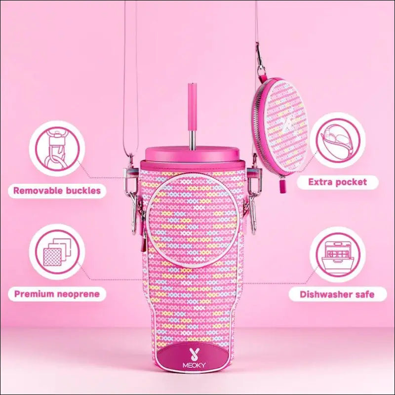 Meoky Pink Love Cup Sleeve | Reusable Portable Water Bottle Carrier for 40oz Large Capacity Cups | Fashionable Vacuum