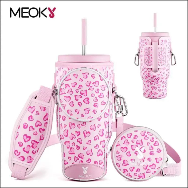 Meoky Pink Love Cup Sleeve | Reusable Portable Water Bottle Carrier for 40oz Large Capacity Cups | Fashionable Vacuum