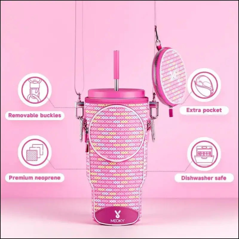 Meoky Pink Love Cup Sleeve | Reusable Portable Water Bottle Carrier for 40oz Large Capacity Cups | Fashionable Vacuum