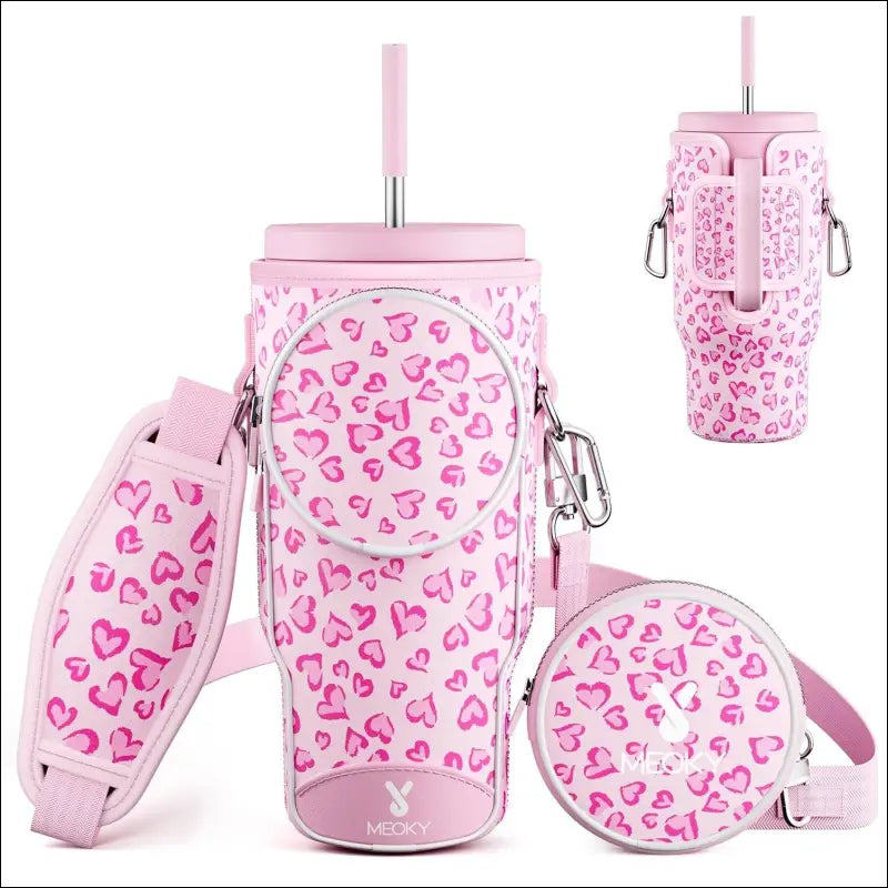 Meoky Pink Love Cup Sleeve | Reusable Portable Water Bottle Carrier for 40oz Large Capacity Cups | Fashionable Vacuum